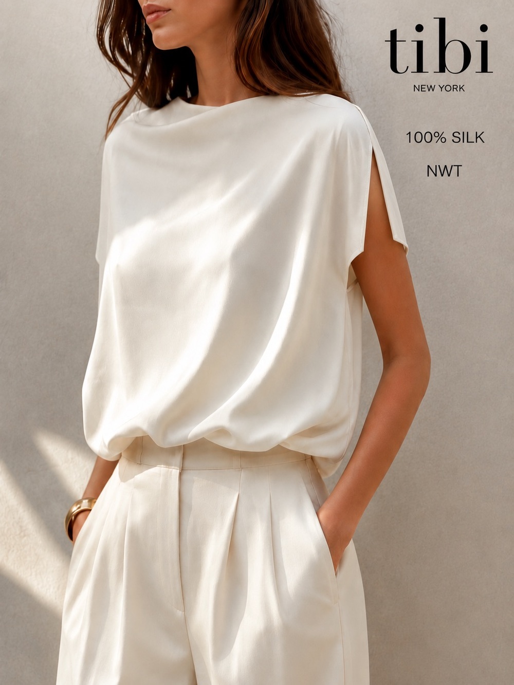 NWT Tibi Ivory 100% Silk One Sleeve Slit Blouse XS Luxury Designer Retail $325